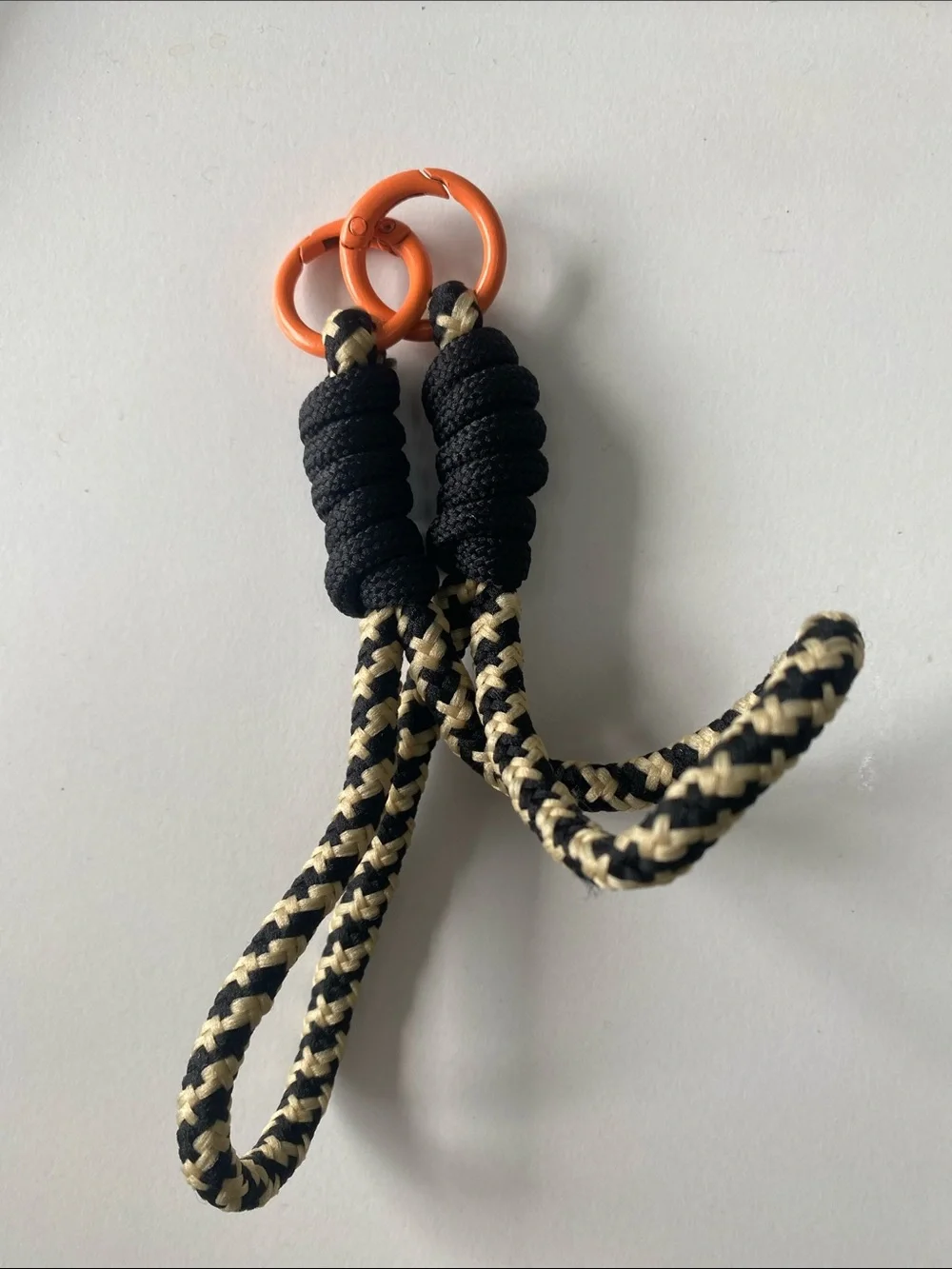 Black & Cream Braided Rope Key Leash with Orange Rings